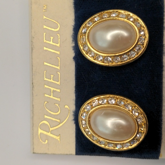 Richelieu vintage faux pearl necklace earring set w/ rhinestones wedding bridal - Picture 6 of 7